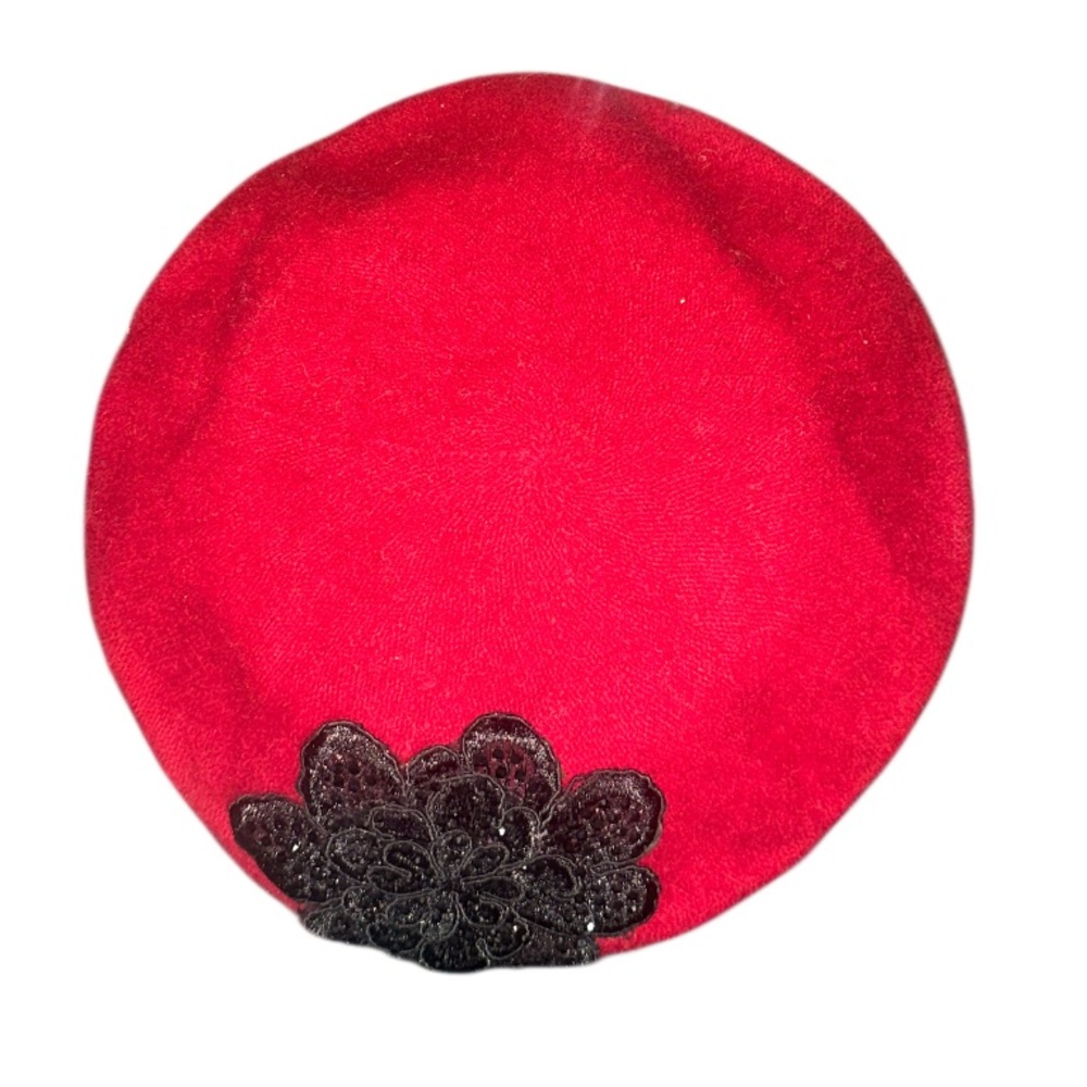 Elegant Red Beret with Black Floral Accent
